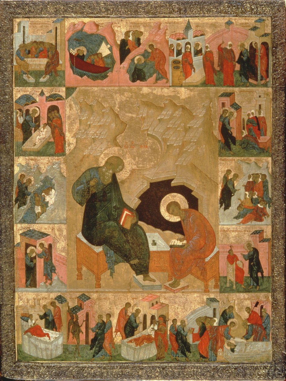 Św. Jan Ewangelista i jego skryba, ok. 1500 (tempera na drewnie) autorstwa Russian School