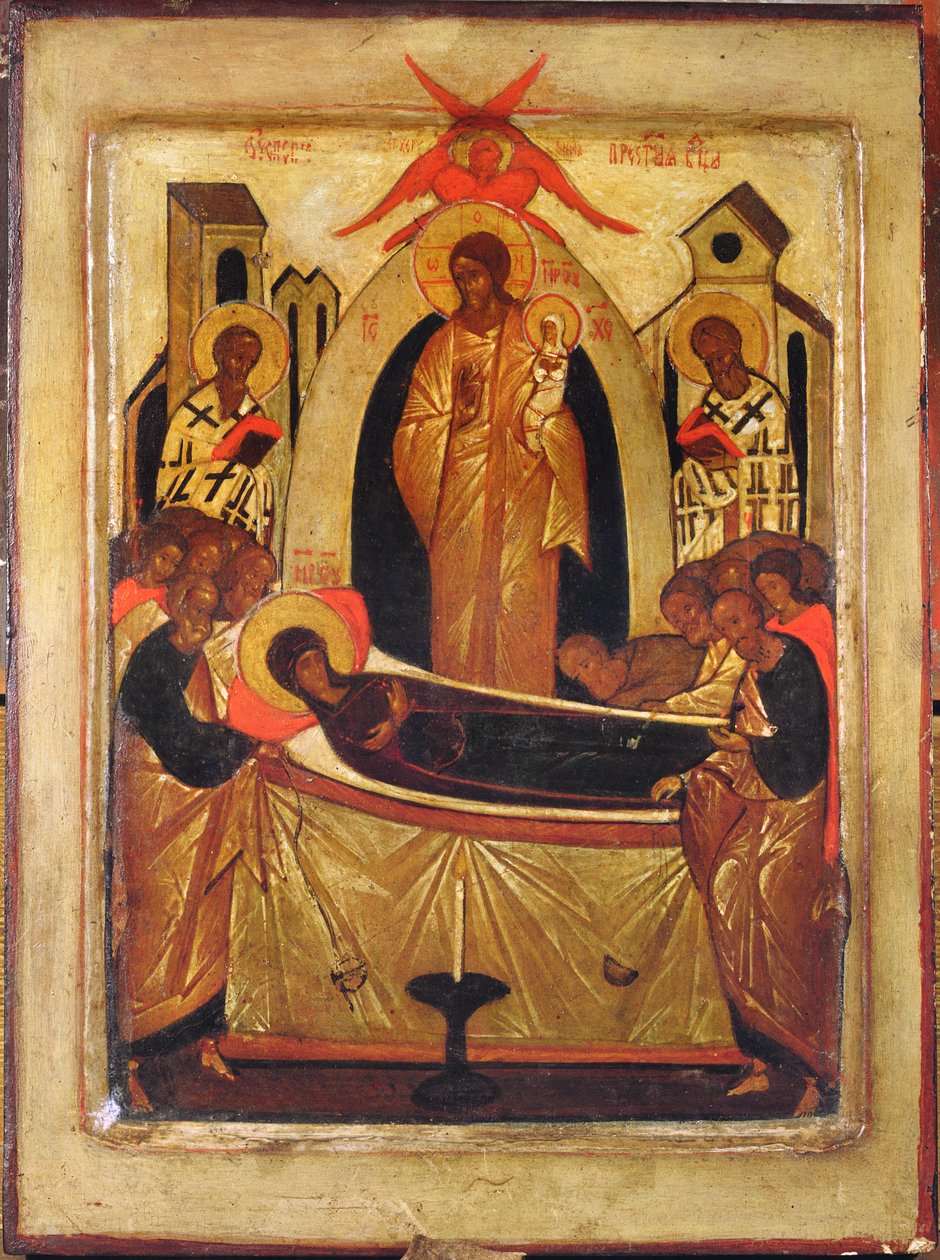 Zaśnięcie Dziewicy (tempera i złoty liść na panelu) autorstwa Russian School