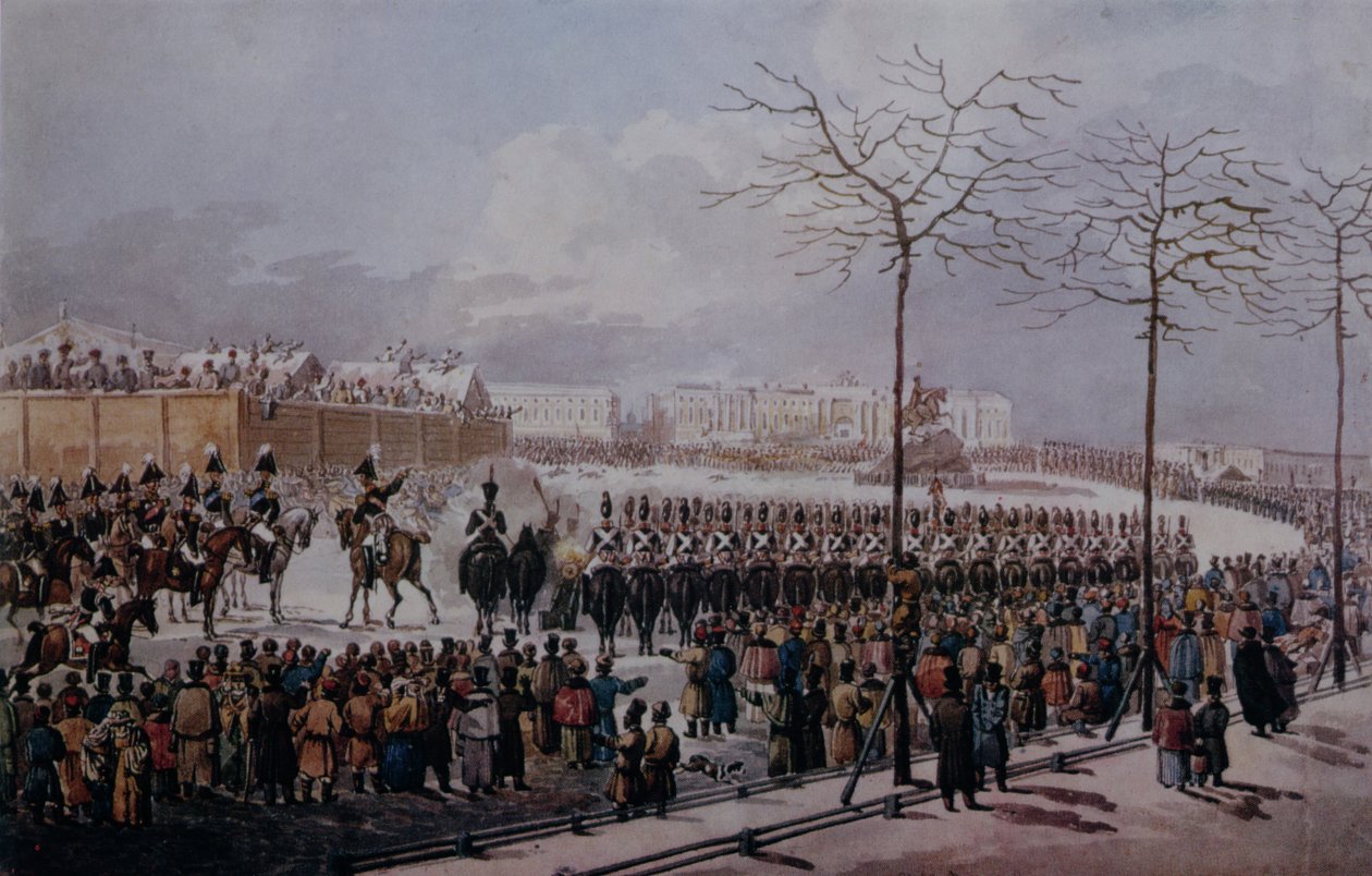 Powstanie dekabrystów na Placu Senackim w Petersburgu 14 grudnia 1825 r. (wc na papierze) autorstwa Russian School