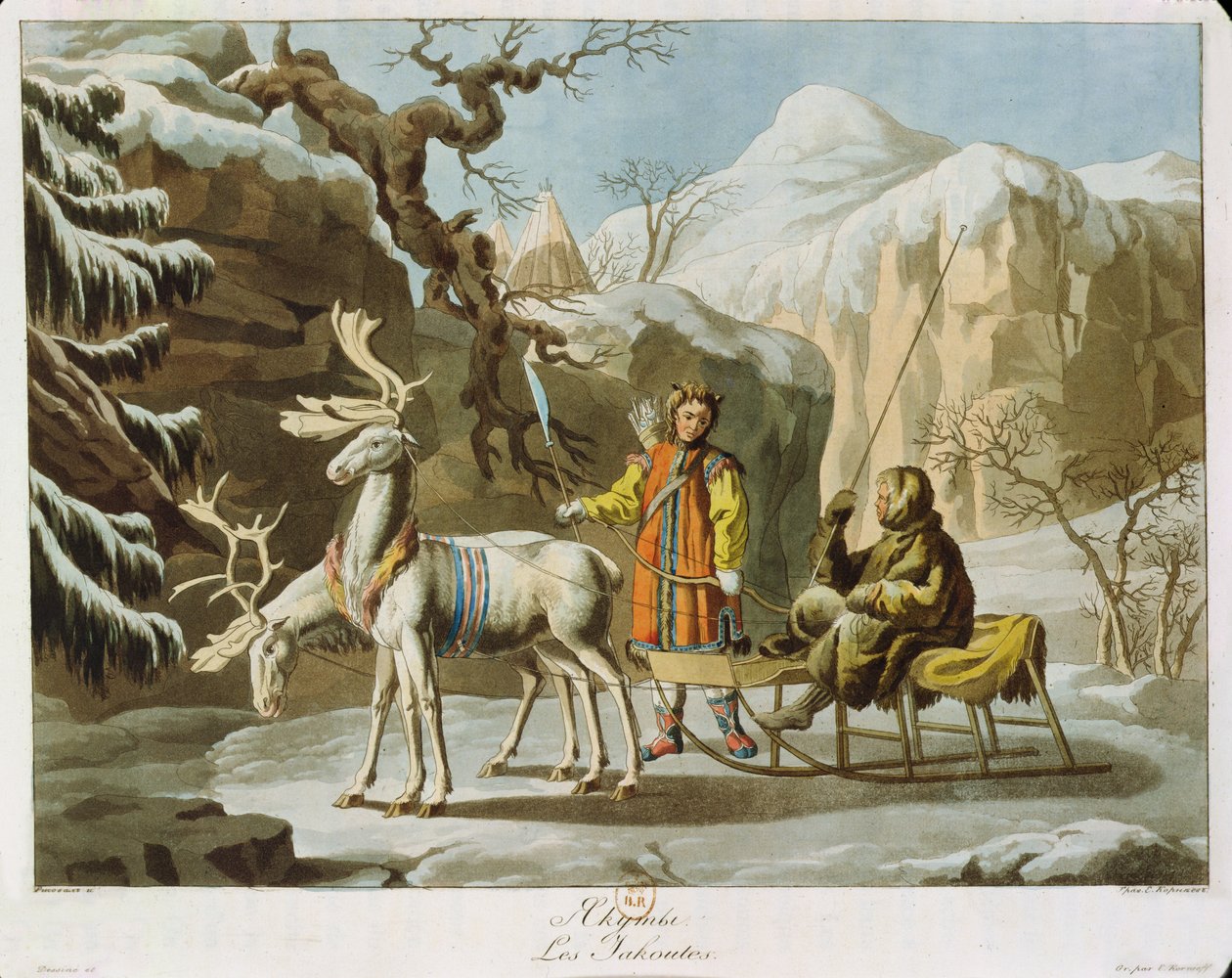 Jakuci ze środkowej Syberii w zimowym krajobrazie, odziani w futra iz reniferowymi saniami, opublikowano 1813 (akwatinta) autorstwa Russian School