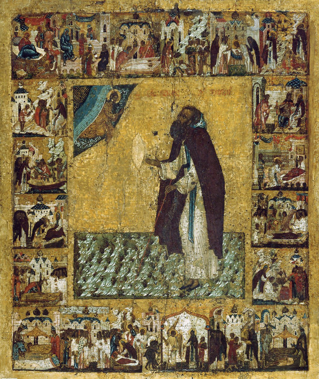 Św. Barlaam z Chutynia ze scenami z jego życia, lata 60. XVI wieku. autorstwa Russian icon.