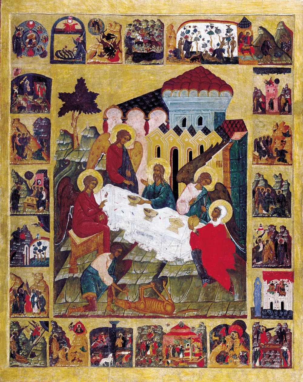 Trójca Starego Testamentu ze scenami z Księgi Rodzaju, ok. 1580. autorstwa Russian icon.