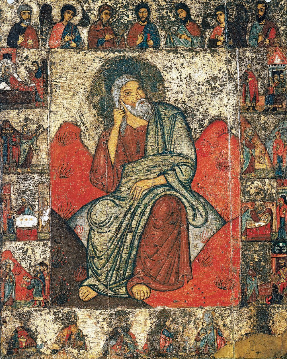 Prorok Eliasz na pustkowiu ze scenami z jego życia i Deesis, 13-pierwsza trzecia 14-go autorstwa Russian icon.