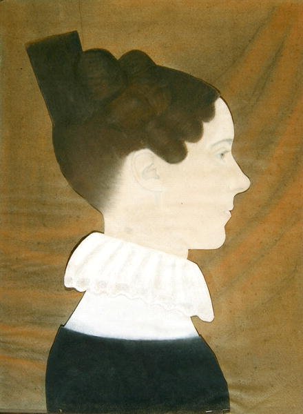 Portret Mary Davis Denny (kolaż pastelowy, węglowy i kolorowy papier na niebieskim papierze) autorstwa Ruth Henshaw Bascom
