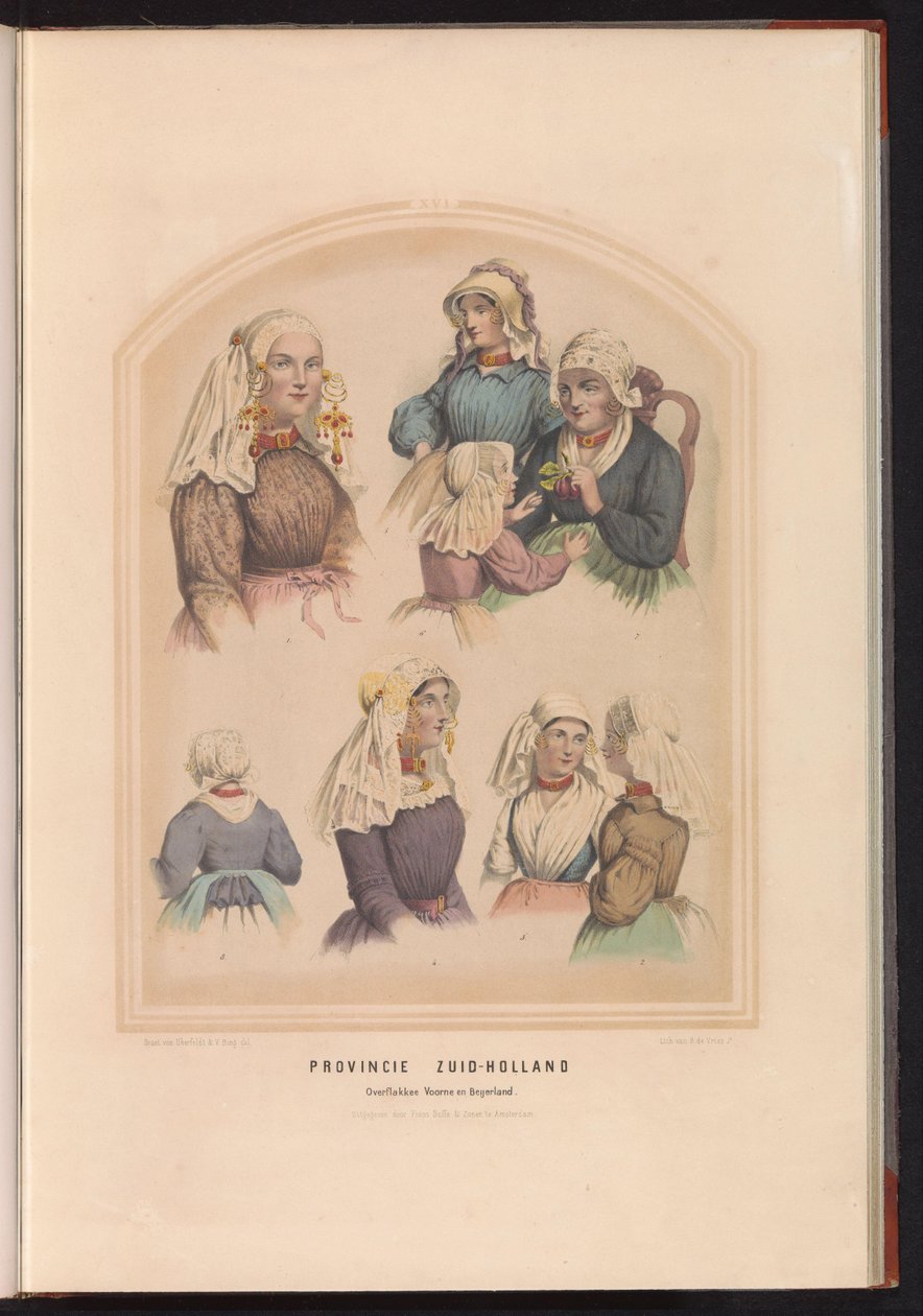 Tradycyjny strój Overflakkee, Voorne i Oud-Beijerland w południowej Holandii, 1857 Prowincja Holandia Południowa Overflakkee Voorne i Beijerland / XVI (tytuł na obiekcie) autorstwa Ruurt de Vries
