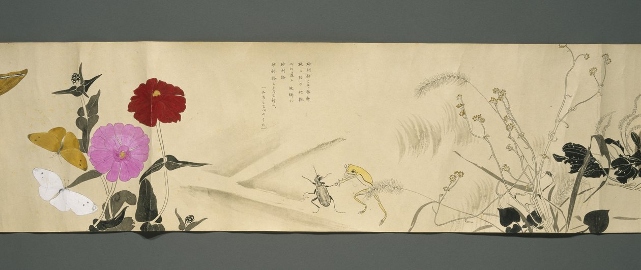 Wildlife Friends (Yasei no Tomo), okres Taisho, 7 rok Taisho, ok. 1918 (atrament i toaleta na tkanym papierze ozdobionym miką) autorstwa Ryoka Kawakami