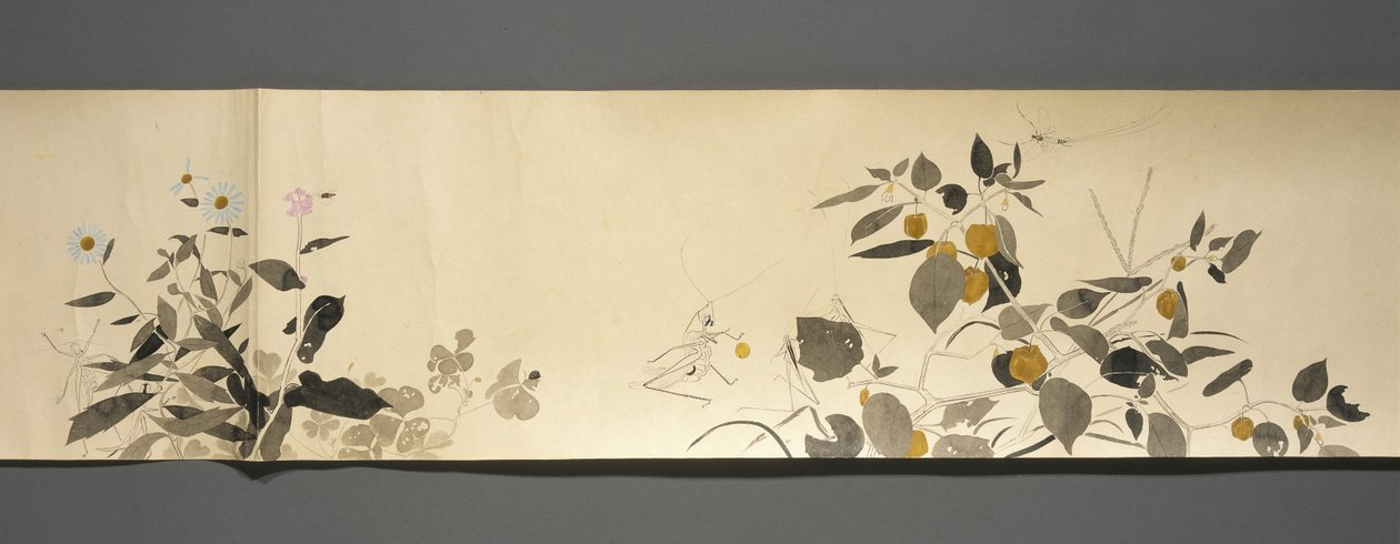Wildlife Friends (Yasei no Tomo), okres Taisho, 7 rok Taisho, ok. 1918 (atrament i toaleta na tkanym papierze ozdobionym miką) autorstwa Ryoka Kawakami