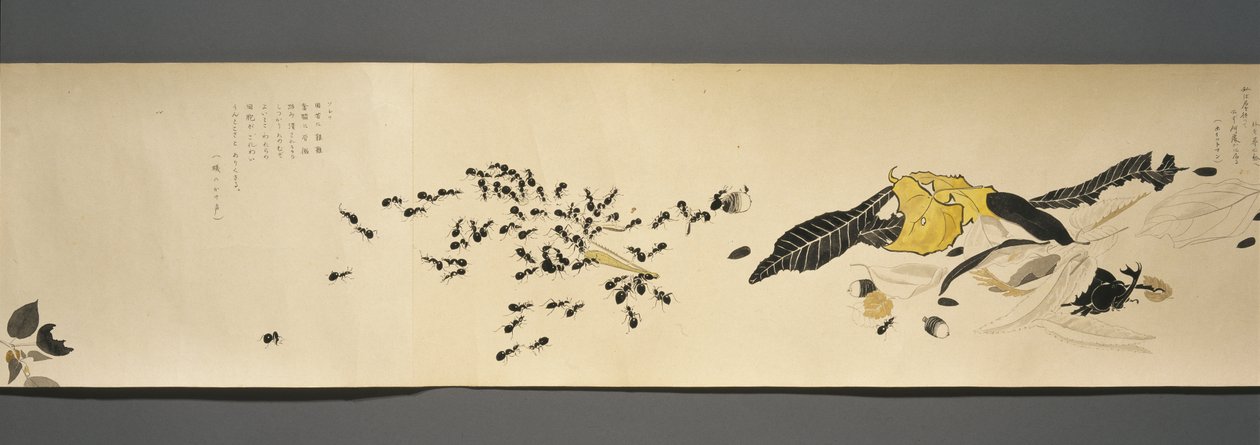 Wildlife Friends (Yasei no Tomo), okres Taisho, 7 rok Taisho, ok. 1918 (atrament i toaleta na tkanym papierze ozdobionym miką) autorstwa Ryoka Kawakami