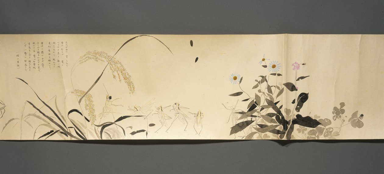 Wildlife Friends (Yasei no Tomo), okres Taisho, 7 rok Taisho, ok. 1918 (atrament i toaleta na tkanym papierze ozdobionym miką) autorstwa Ryoka Kawakami