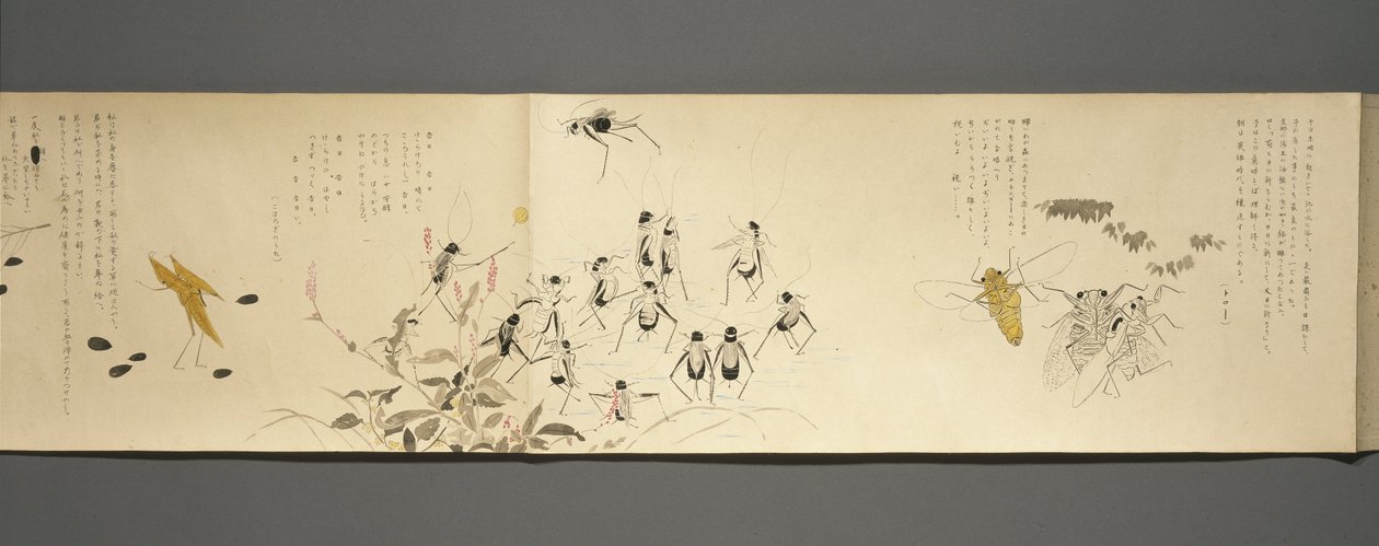 Wildlife Friends (Yasei no Tomo), okres Taisho, 7 rok Taisho, ok. 1918 (atrament i toaleta na tkanym papierze ozdobionym miką) autorstwa Ryoka Kawakami