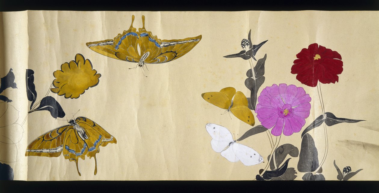 Wildlife Friends (Yasei no Tomo), okres Taisho, 7 rok Taisho, ok. 1918 (atrament i toaleta na tkanym papierze ozdobionym miką) autorstwa Ryoka Kawakami