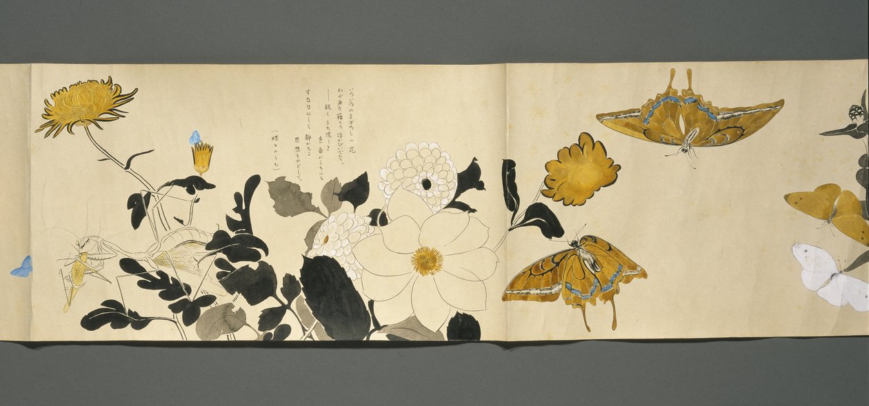 Wildlife Friends (Yasei no Tomo), okres Taisho, 7 rok Taisho, ok. 1918 (atrament i toaleta na tkanym papierze ozdobionym miką) autorstwa Ryoka Kawakami