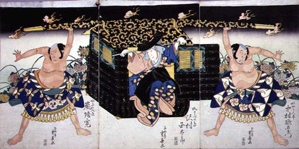 Scena z IV aktu sztuki kabuki „Ashiya doman ouchi kagami” autorstwa Ryusai Shigeharu