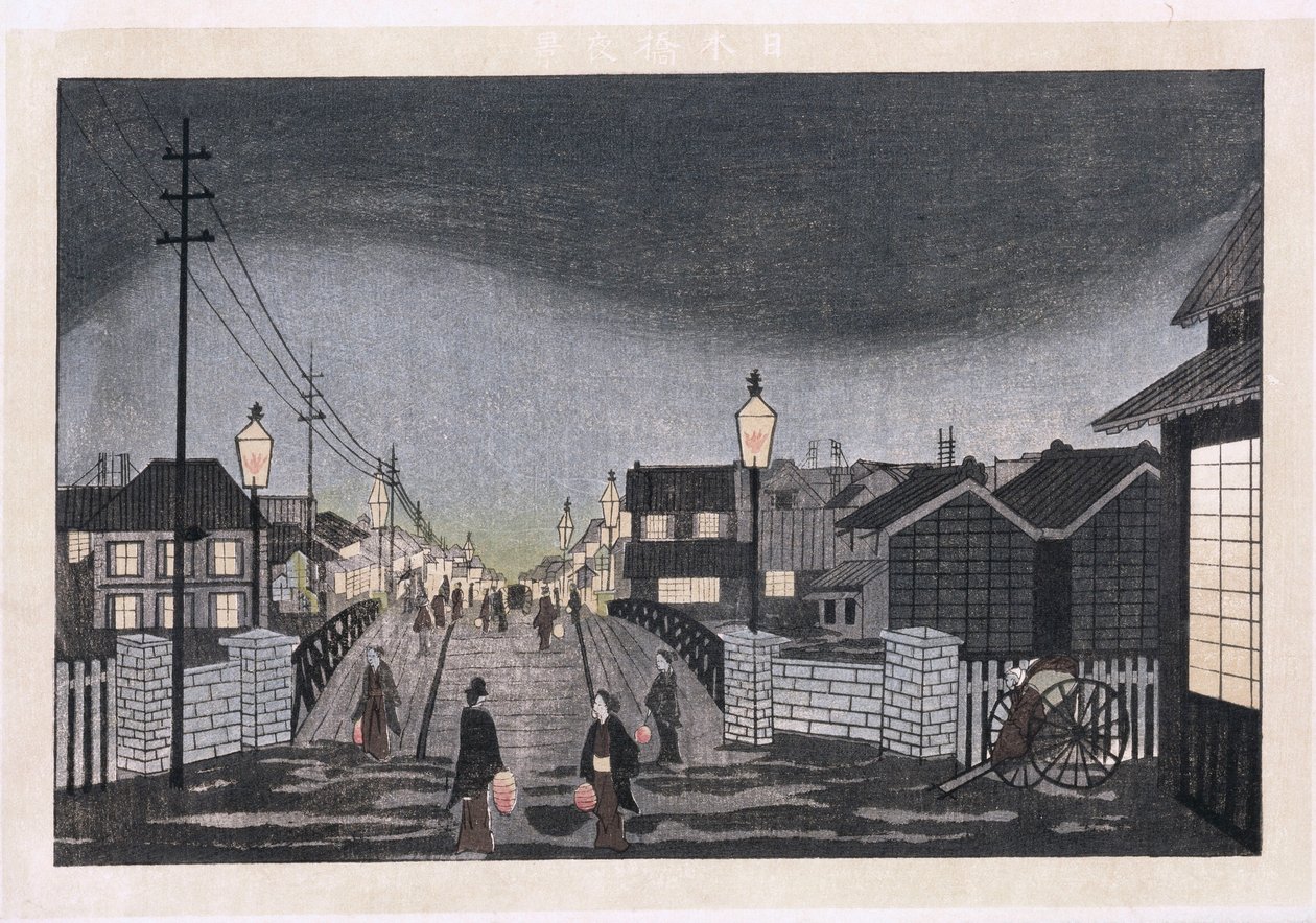 Night View, Nihonbashi (kolorowy drzeworyt) autorstwa Ryuson Ogura