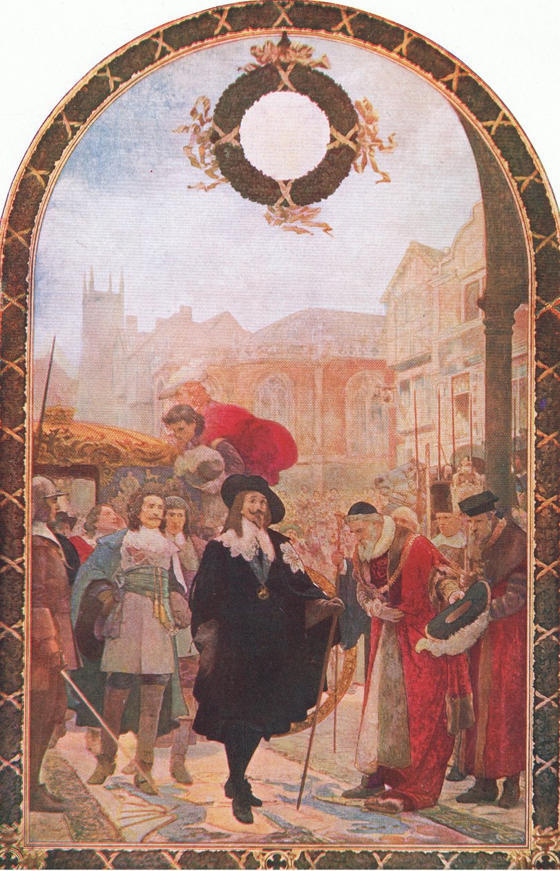Karol I domagający się pięciu członków w Guildhall 1641, ilustracja z Historii narodu brytyjskiego opublikowanej przez Waverley, c.1940 autorstwa S. J. Soloman
