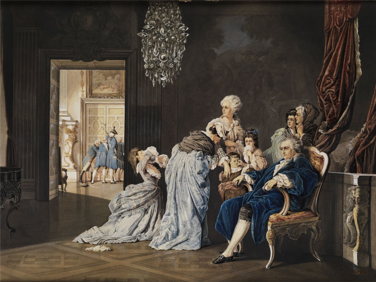 Ostatnie godziny francuskiej rodziny królewskiej (Ludwika XVI i Marii Antoniny) w Luwrze przed wdarciem się rewolucjonistów. Akwarela/gwasz na tekturze. 38x51 cm. Monogram „SG” i data „1877” w prawym dolnym rogu autorstwa „SG“