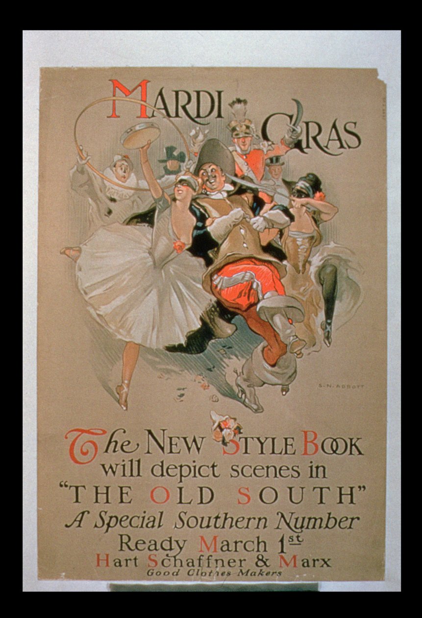 „Mardi Gras”, reklama „The New Style Book”, specjalny numer południowy ze scenami ze „starego południa” (kolor lito) autorstwa S.N. Abbott