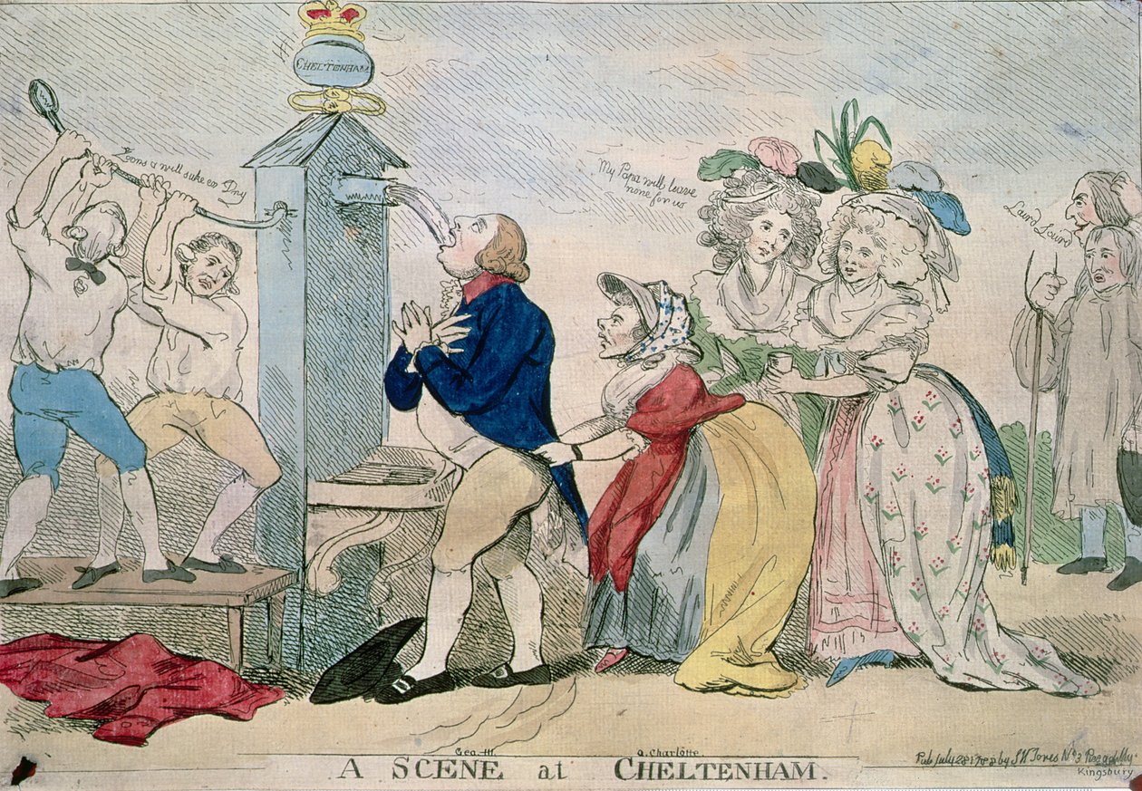 Scena w Cheltenham. Komiks satyryczny, wyd. 1788 autorstwa S.W. Fores