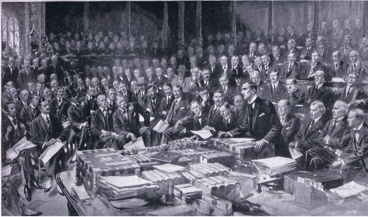 Jedno z najbardziej doniosłych wydarzeń w historii Parlamentu 3 sierpnia 1914, z Cassells History of the British People opublikowanej przez Waverley Book Company Limited, c.1940 autorstwa S. Begg