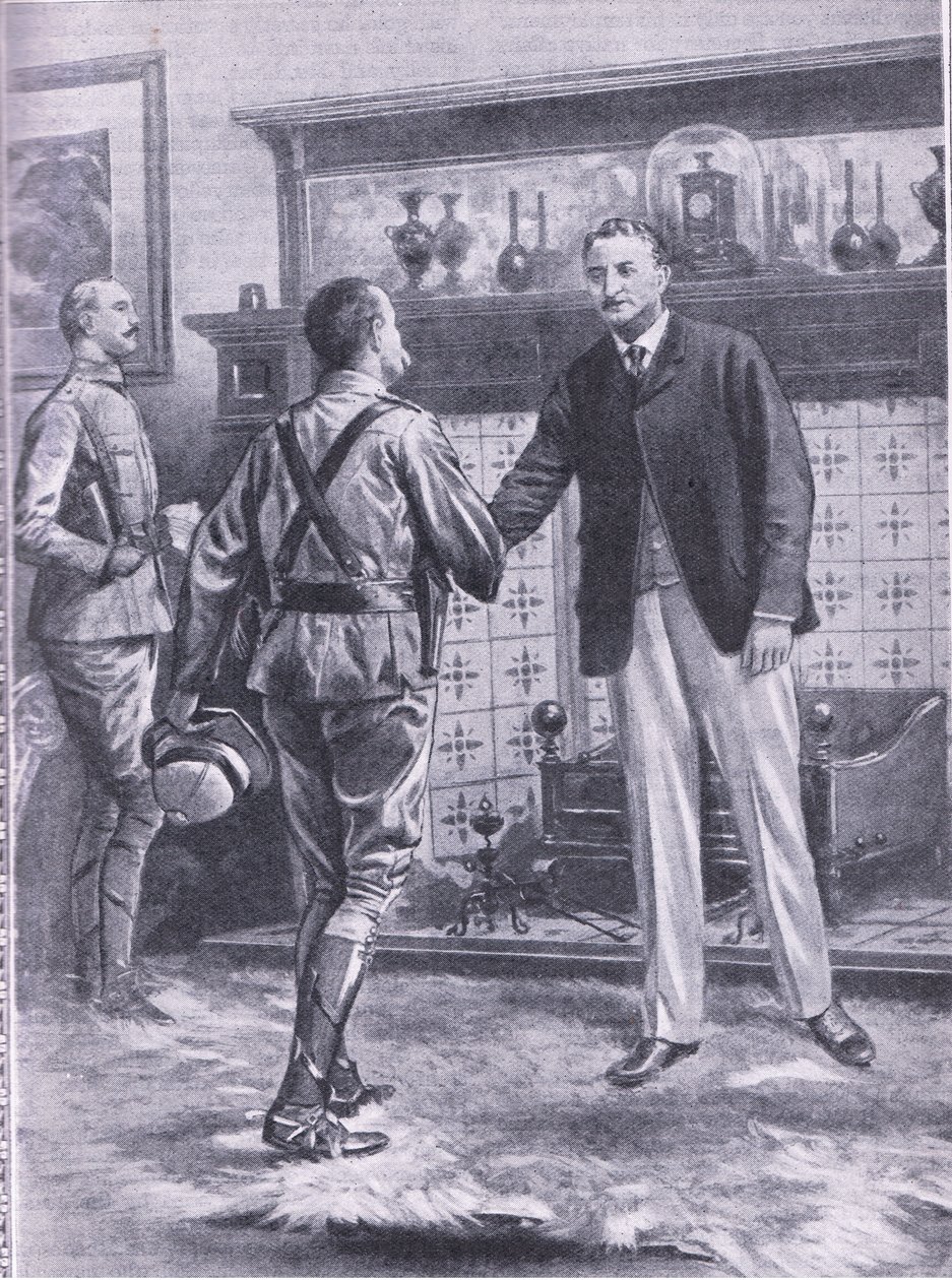 Kiedy Kimberley została zwolniona przez Francuzów. Generał French i Cecil Rhodes, ilustracja z Cassells Romance of Famous Lives, ok. 1940 r. autorstwa S. Begg