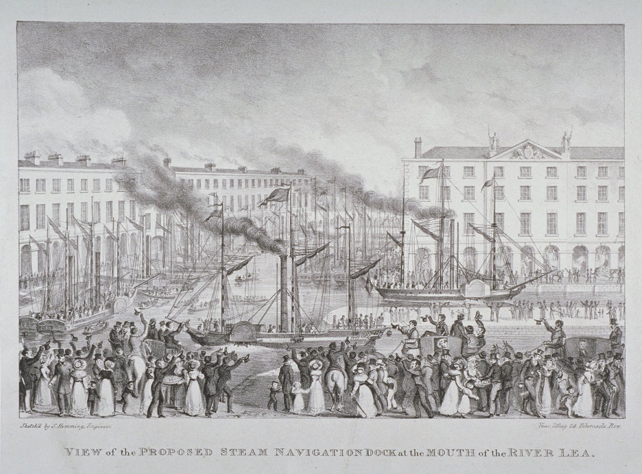 Widok proponowanego doku żeglugi parowej przy ujściu rzeki Lea, ok.1835 autorstwa S. Hemming