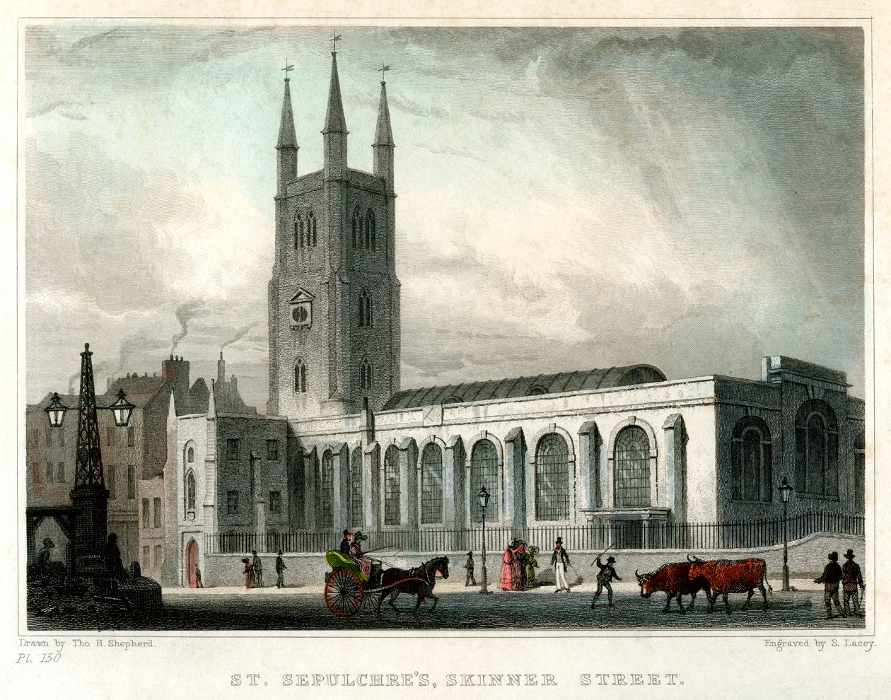 Kościół St Sepulchres, Skinner Street, City of London, c1830. autorstwa S. Lacey