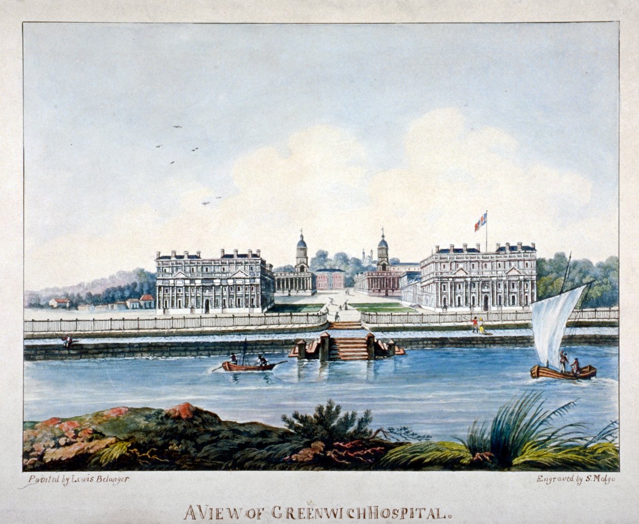 Widok szpitala Greenwich z Isle of Dogs, Londyn, ok. 1800 autorstwa S Malgo