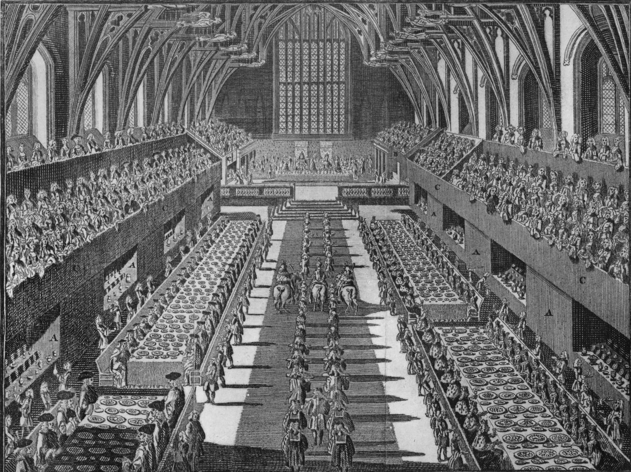 Wnętrze Westminster Hall na bankiecie koronacyjnym króla Jerzego II, 1727 1911 autorstwa S Moore
