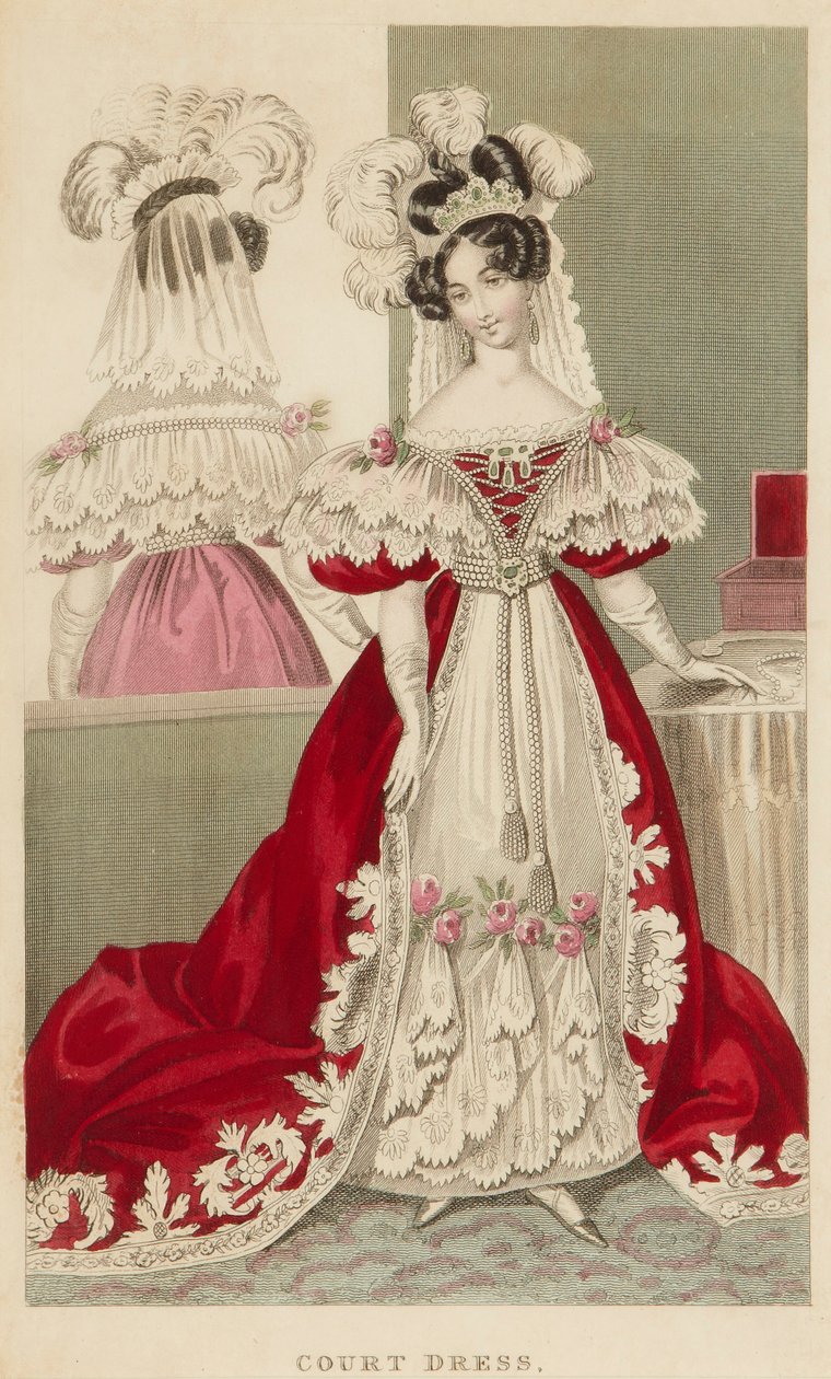 Suknia dworska, ok. 1831 (akwaforta ręcznie kolorowana) autorstwa S. Robinson