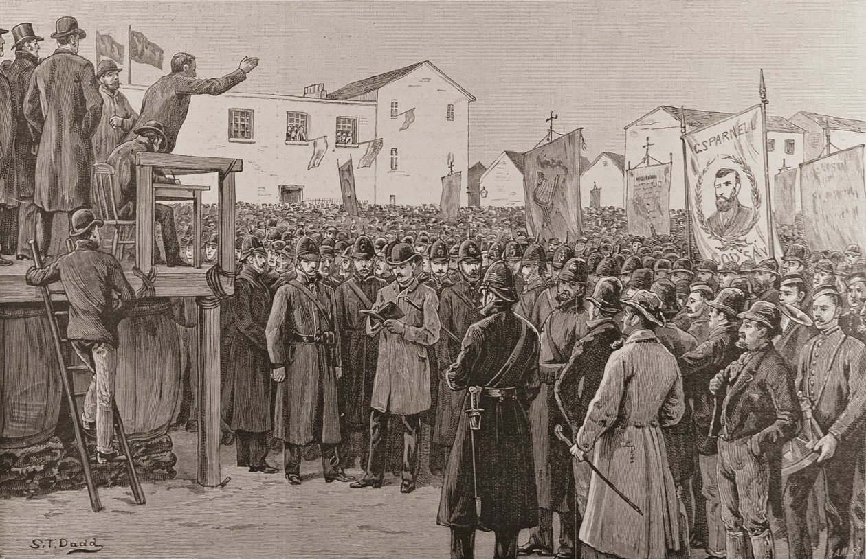 Policja ochraniająca reportera rządowego na „spotkaniu dotyczącym planu kampanii”, z „The Illustrated London News”, 8 stycznia 1887 r. (rycina) autorstwa S. T. Dadd