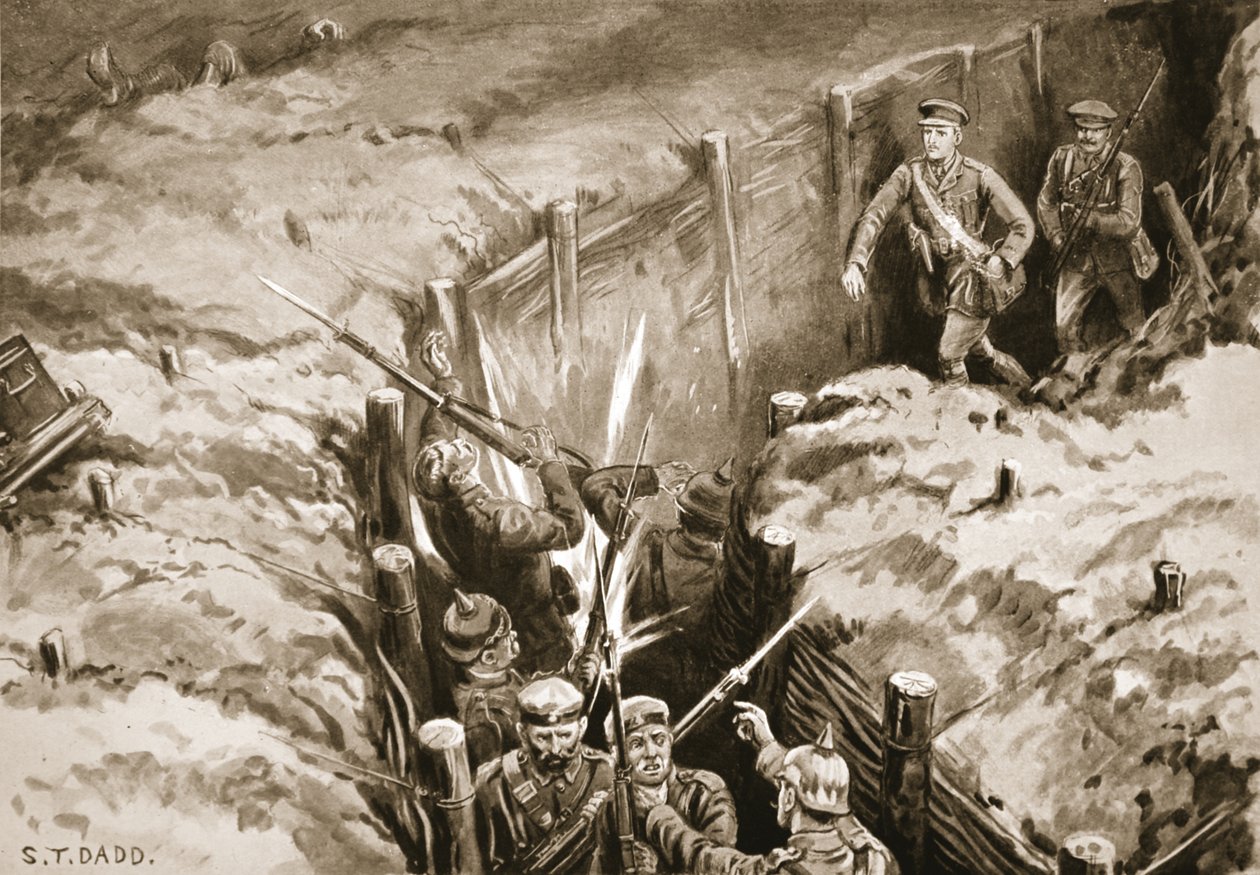 Podporucznik Turner prowadzący atak bombowy na niemiecki rów komunikacyjny (litho) autorstwa S. T. Dadd