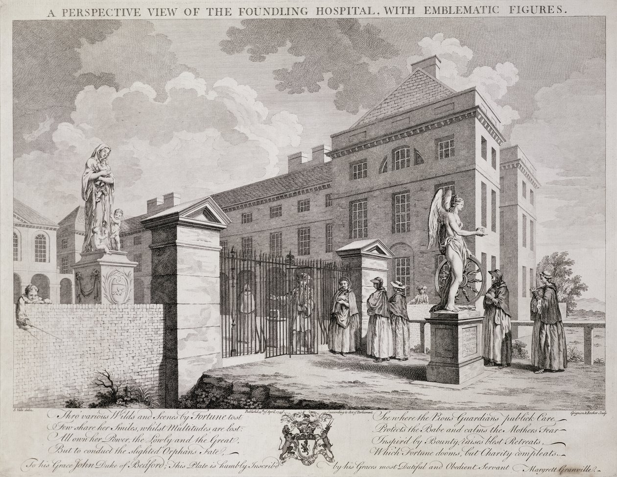 Widok perspektywiczny szpitala Foundling z figurami emblematycznymi, 1749 autorstwa S. Vale