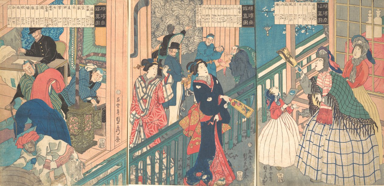 Prawdziwy obraz domu handlowego kupca z Jokohamy, 1 miesiąc, 1861. autorstwa Sadahide Utagawa
