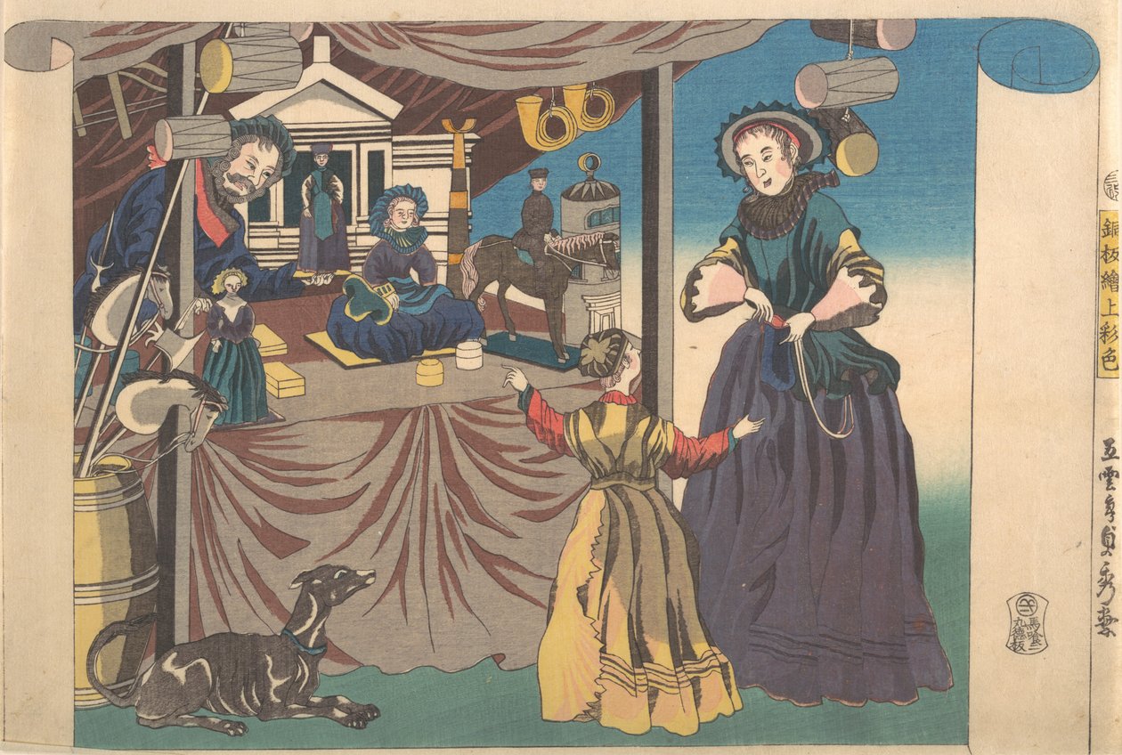 Kolorowy nadruk miedziorytowego obrazu sklepu z zabawkami, 1860. autorstwa Sadahide Utagawa