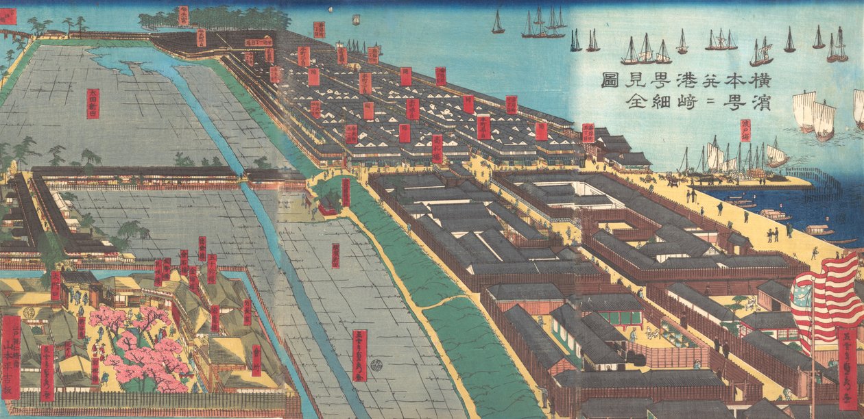 Szczegółowy wydruk Yokohamy Hon-cho i Miyozaki Pleasure Quarter, 4. miesiąc. 1860. autorstwa Sadahide Utagawa
