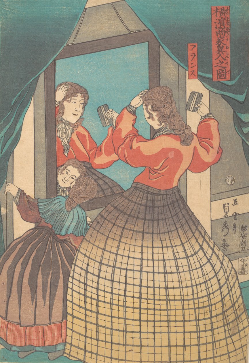 Francuzka i dziewczyna z cyklu Kupcy zagraniczni w Jokohamie, 1861. autorstwa Sadahide Utagawa