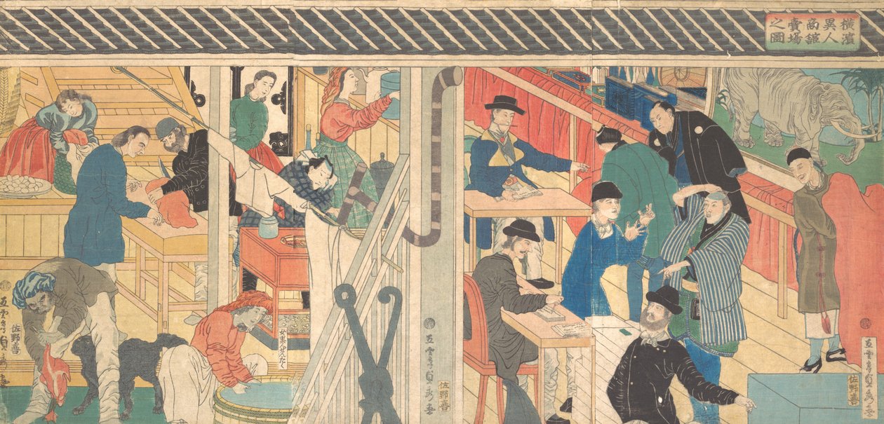 Sala Sprzedaży w Budynku Handlu Zagranicznego w Jokohamie, 1861. autorstwa Sadahide Utagawa