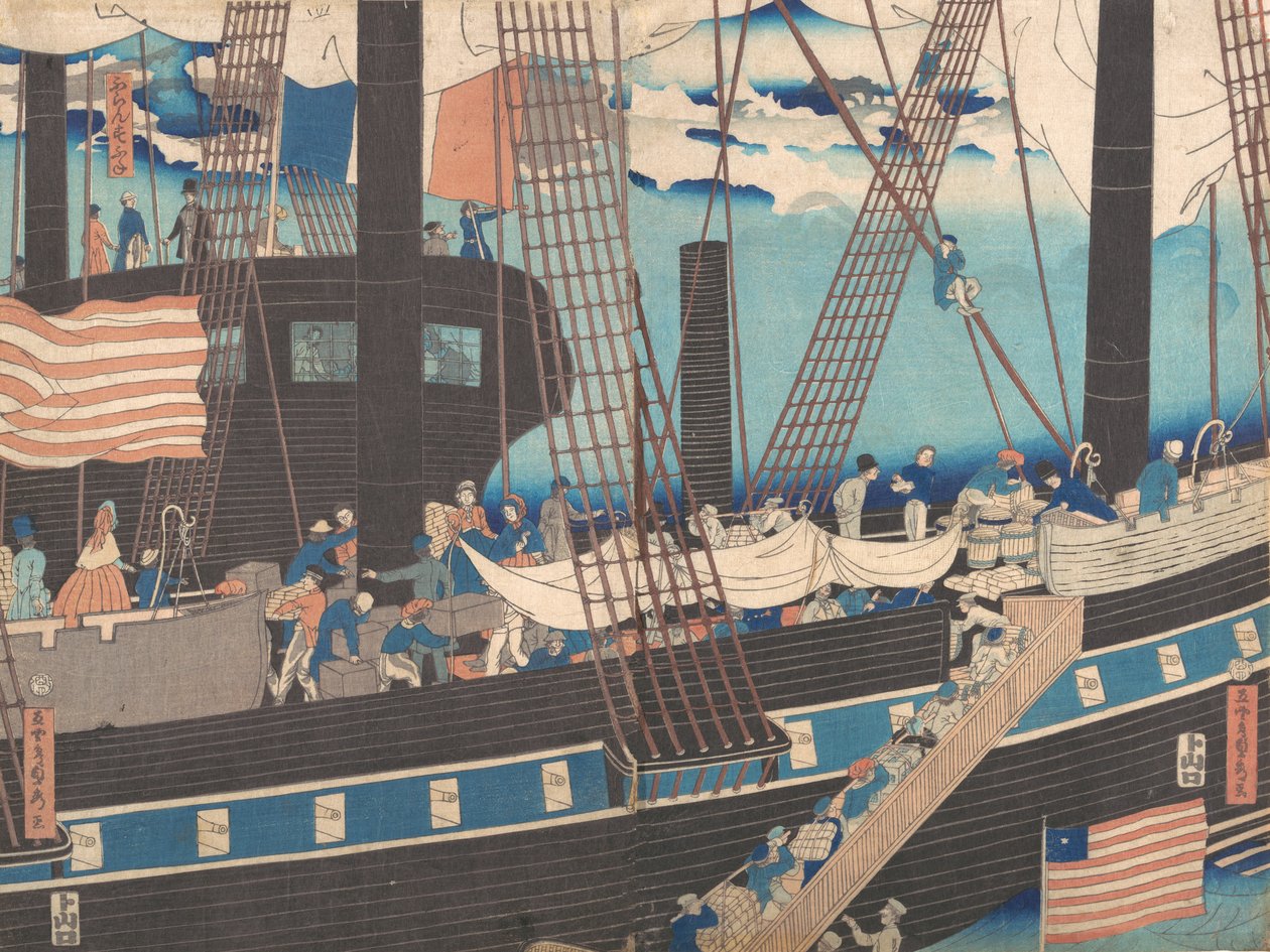 „Handel Yokohama: Westerners Loading Cargo”, 4 miesiąc, 1861. autorstwa Sadahide Utagawa