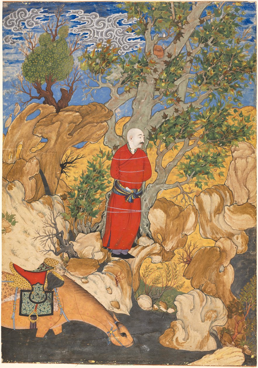 Aulad przywiązany do platana, z Shahnamy Firdausiego, 1575-1600. autorstwa Sadiqi Bek