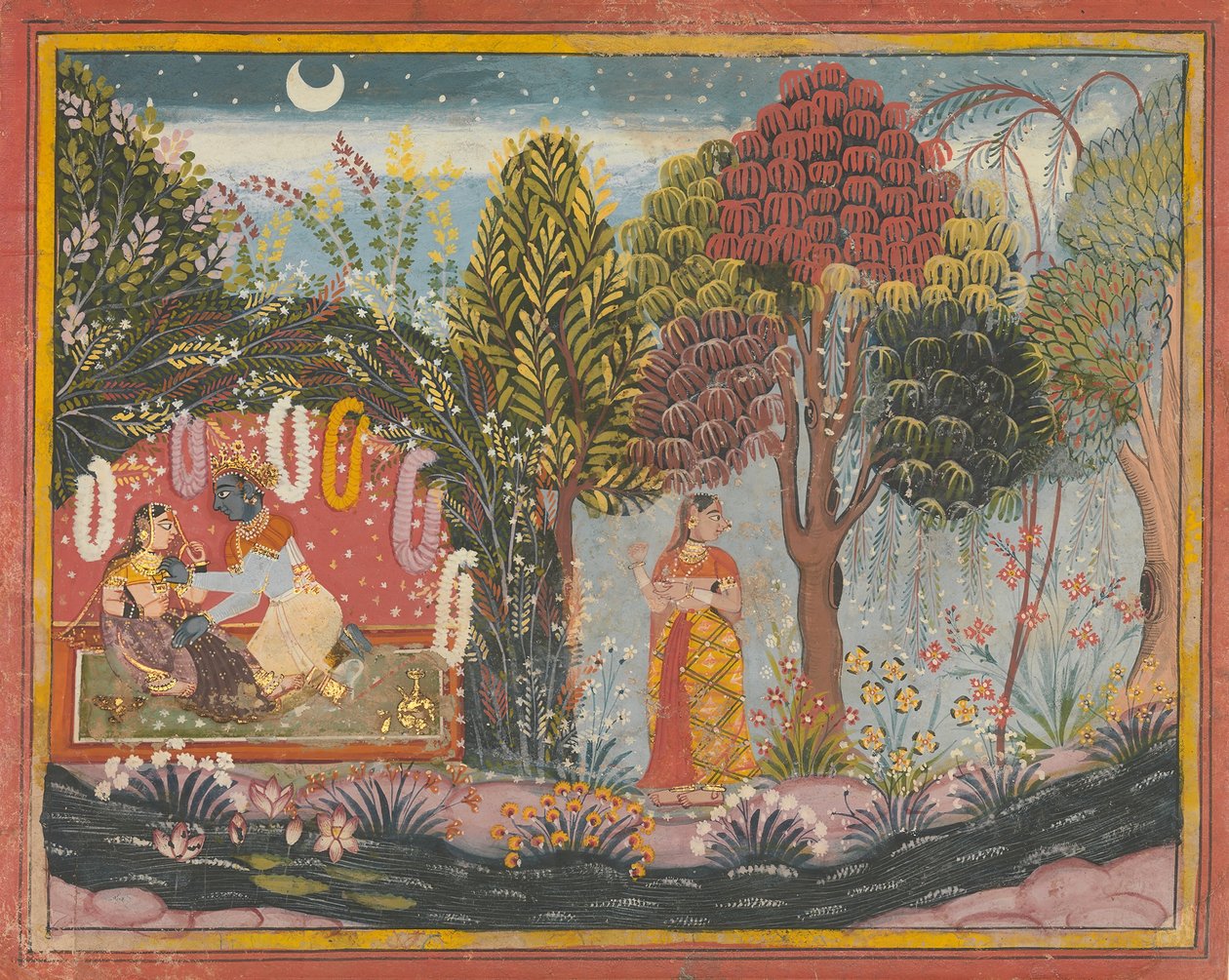 Krishna i Radha w altanie: Strona z rozproszonej Gita Govinda, ca. 1665. autorstwa Sahibdin