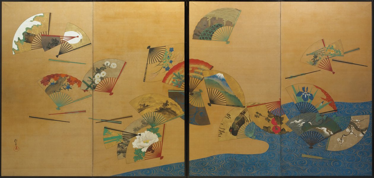 Wachlarze i strumień, okres Edo, ok. 1820-28 (tusz, kolor, złoto i srebro na jedwabiu) autorstwa Sakai Hoitsu