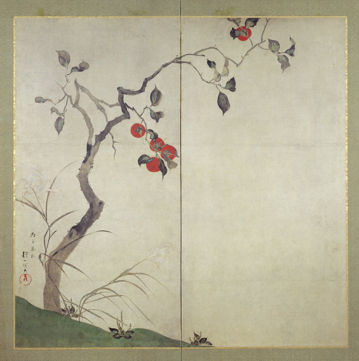 Persimmon on Tree (atrament, kolory i złoto na papierze) autorstwa Sakai Hoitsu