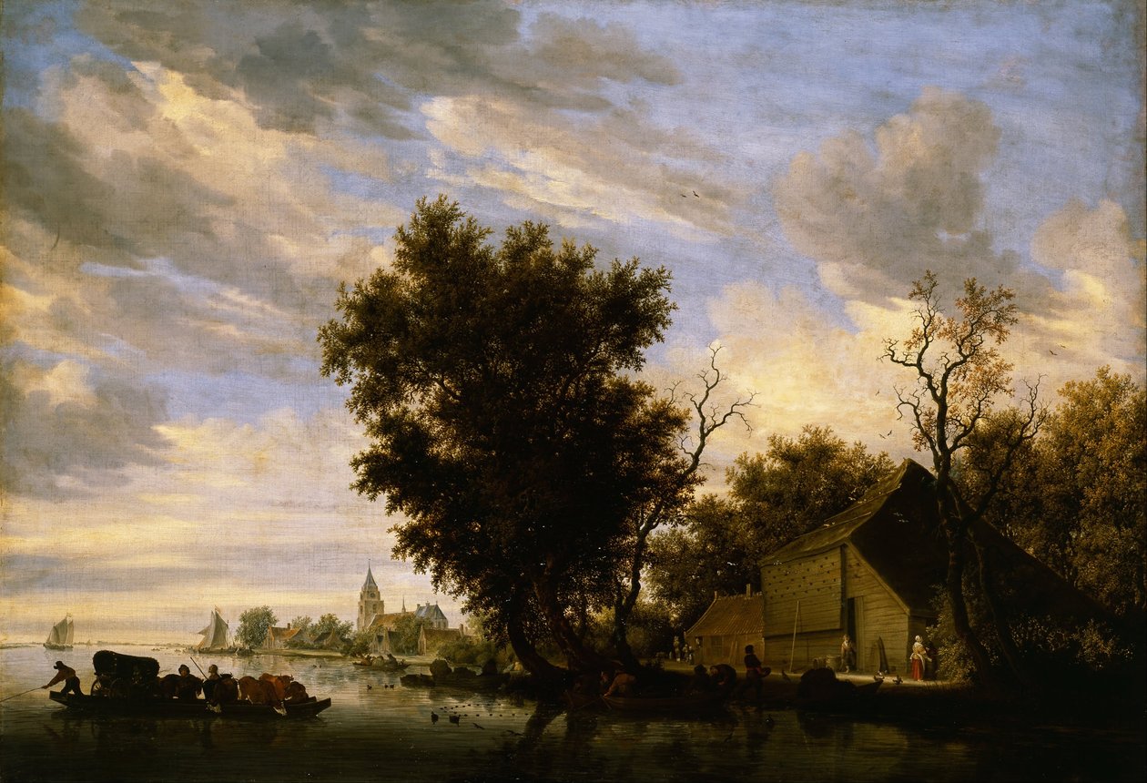 Scena na rzece z promem autorstwa Salomon van Ruisdael or Ruysdael