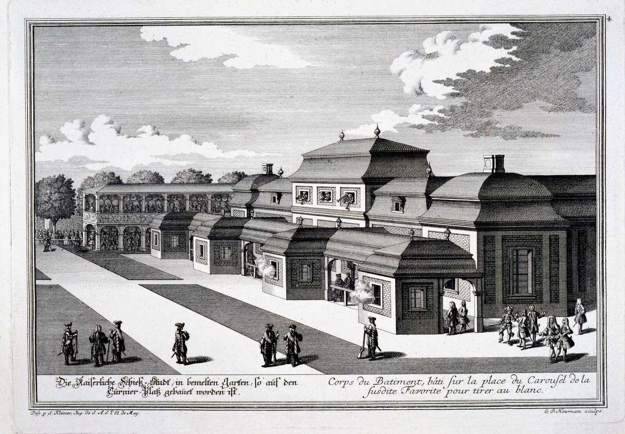 Strzelnica zbudowana na Place du Carrousel dla Pałacu Książęcego w Wiedniu, z „Prezentacji następującego Lustgarten poza Residenz-Stadt Wien”, wydanej ok. 1724-37 autorstwa Salomon Kleiner