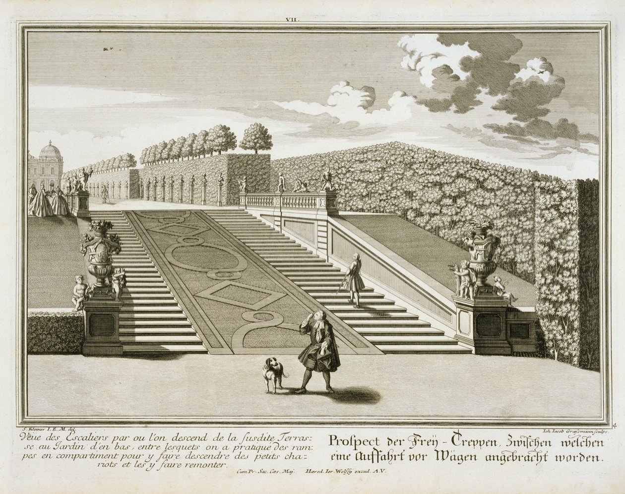 Schody na taras ogrodowy, Belweder, Wiedeń, rytowane przez Johanna Jacoba Grossmanna, wydane ok. 1730-40 autorstwa Salomon Kleiner