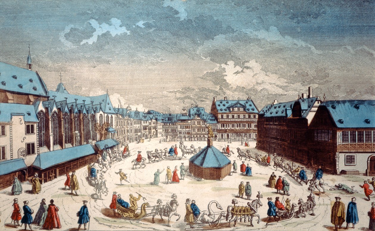Widok na plac Liebfrauenberg zimą, Frankfurt nad Menem, 1738 autorstwa Salomon Kleiner