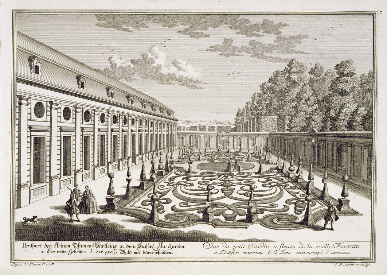 Widok na ogród kwiatowy pod Wiedniem, z „Prezentacja następującego ogrodu rozkoszy poza Residenz-Stadt Wienn, rytowana przez Georga Daniela Heumanna (1691-1759), opublikowana ok. 1724-37 autorstwa Salomon Kleiner