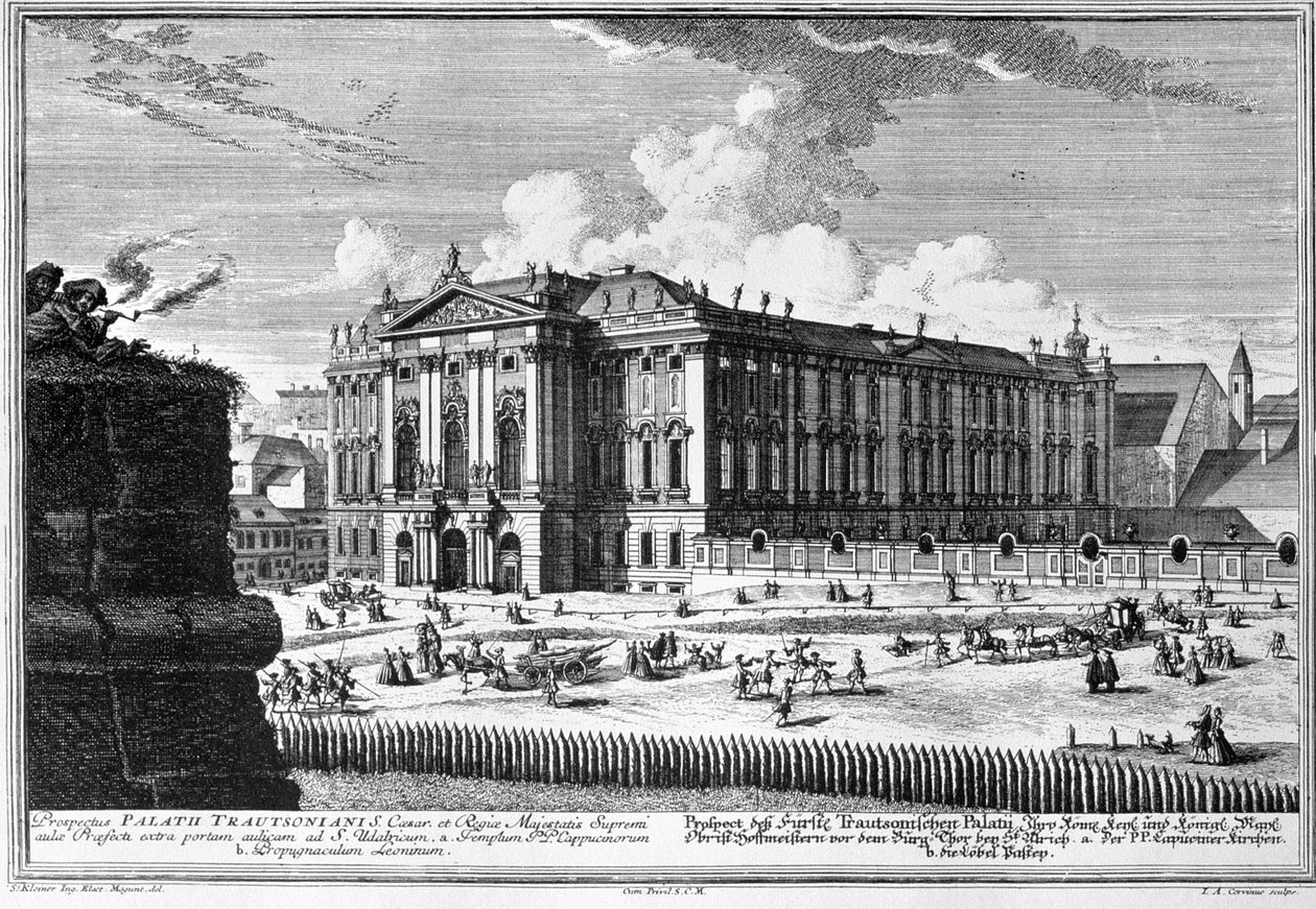 Widok pałacu Trautsonów wybudowanego dla hrabiego Johanna Leopolda Donata Trautsona, według projektu Johanna Bernarda Fischera von Erlach (1656-1723) w 1710 roku, rytowanego przez Johanna Augusta Corvinusa (1683-1738) autorstwa Salomon Kleiner