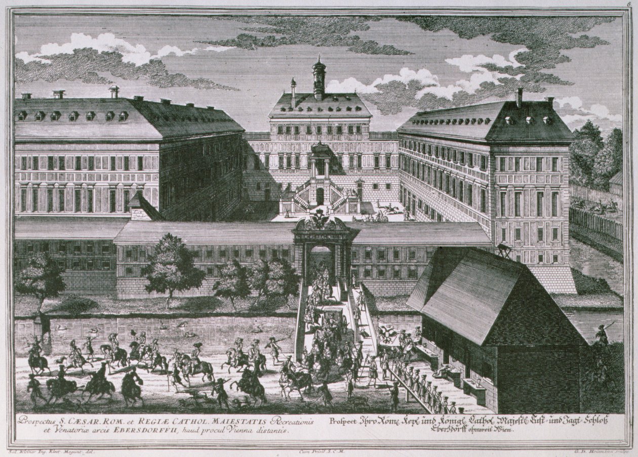 Widok Schloss Ebersdorff pod Wiedniem rytowany przez Georga-Daniela Heumanna (1691-1759) autorstwa Salomon after Kleiner