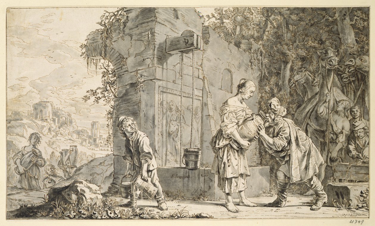 Rebecca i Eliezer, 1660 (pióro i atrament oraz pranie na papierze) autorstwa Salomon de Bray